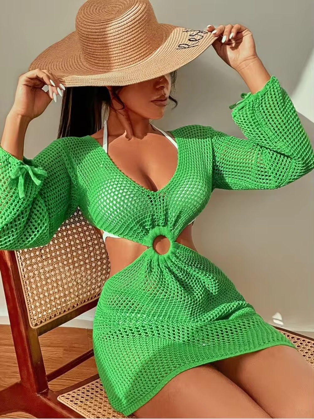 SHEIN Green Crochet Cutout Swim Coverup Dress